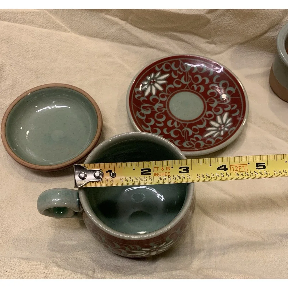 Rare Maroon-Korean Celadon Tea Diffuser Set-(4 Piece) Korean Aster Floral Motif-